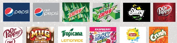 Pepsi, Diet Pepsi, Mountain Dew, Diet Mountain Dew, Starry, Dr Pepper, Diet Dr Pepper, Mug Root Beer, Tropicana Lemonade, Brisk Raspberry, Lipton, Crush